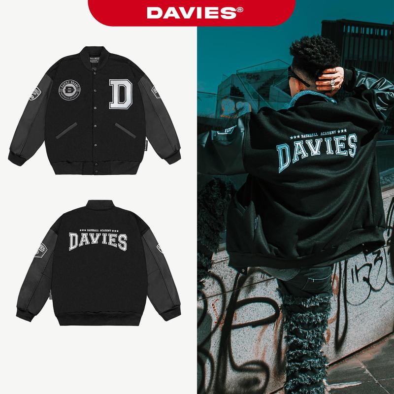 Áo khoác varsity jacket nỉ tay da DAVIES nam nữ màu đen thêu logo form rộng 2 lớp Varsity Baseball Academy