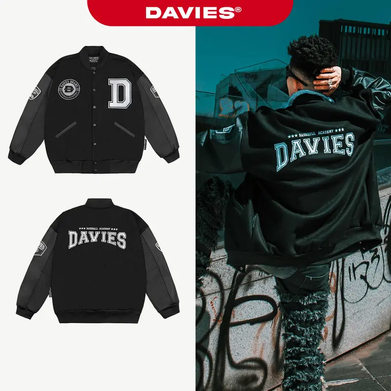 Áo khoác varsity jacket nỉ tay da DAVIES nam nữ màu đen thêu logo form rộng 2 lớp Varsity Baseball Academy 0