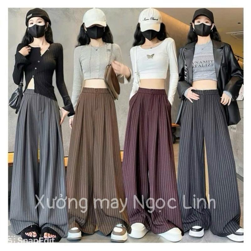 DEAL MỚI Quần ống rộng cạp cao chất Gold Hàn Kẻ Sọc 2Ly Cạp Chun sau siêu Hot