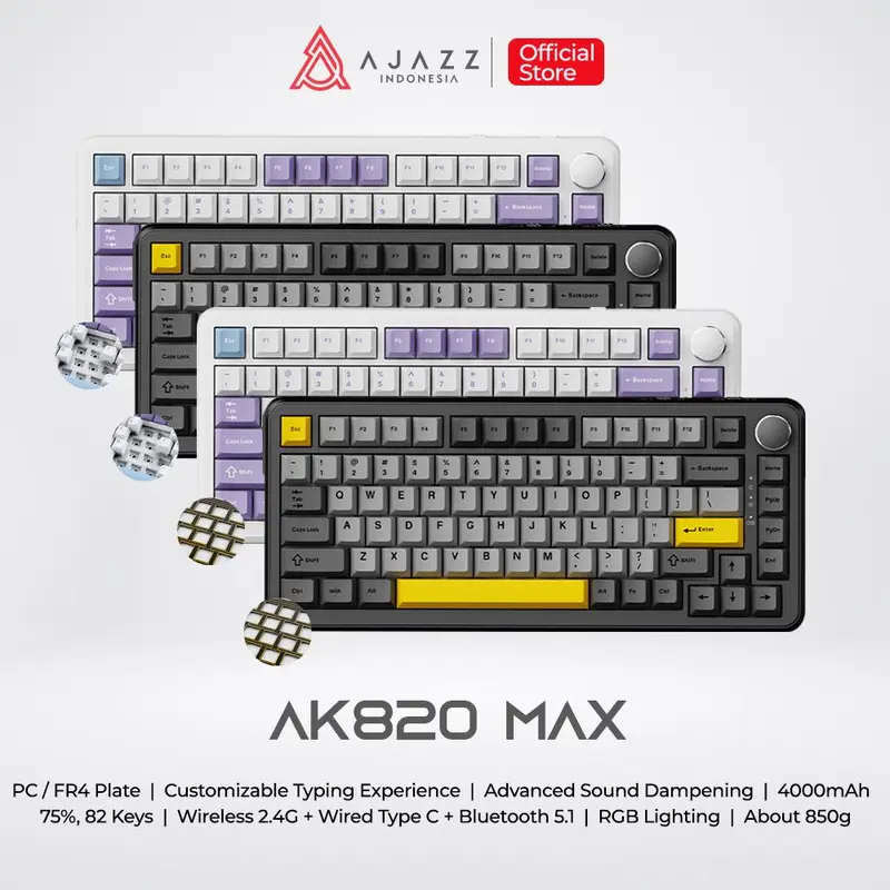 Ajazz AK820 MAX 75% Mechanical Keyboard 3-Mode RGB with 0.85 TFT Color Screen and Volume Knob Gasket Mount Hotswappable for all keys 1