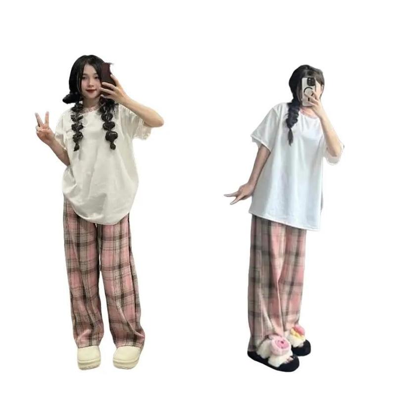 Set bộ áo phông cổ phối kèm quần kẻ hồng hot trend 2025 Women Top Nữ Kem DƯỚI 1M58 MẶC ĐƯỢC Jacket