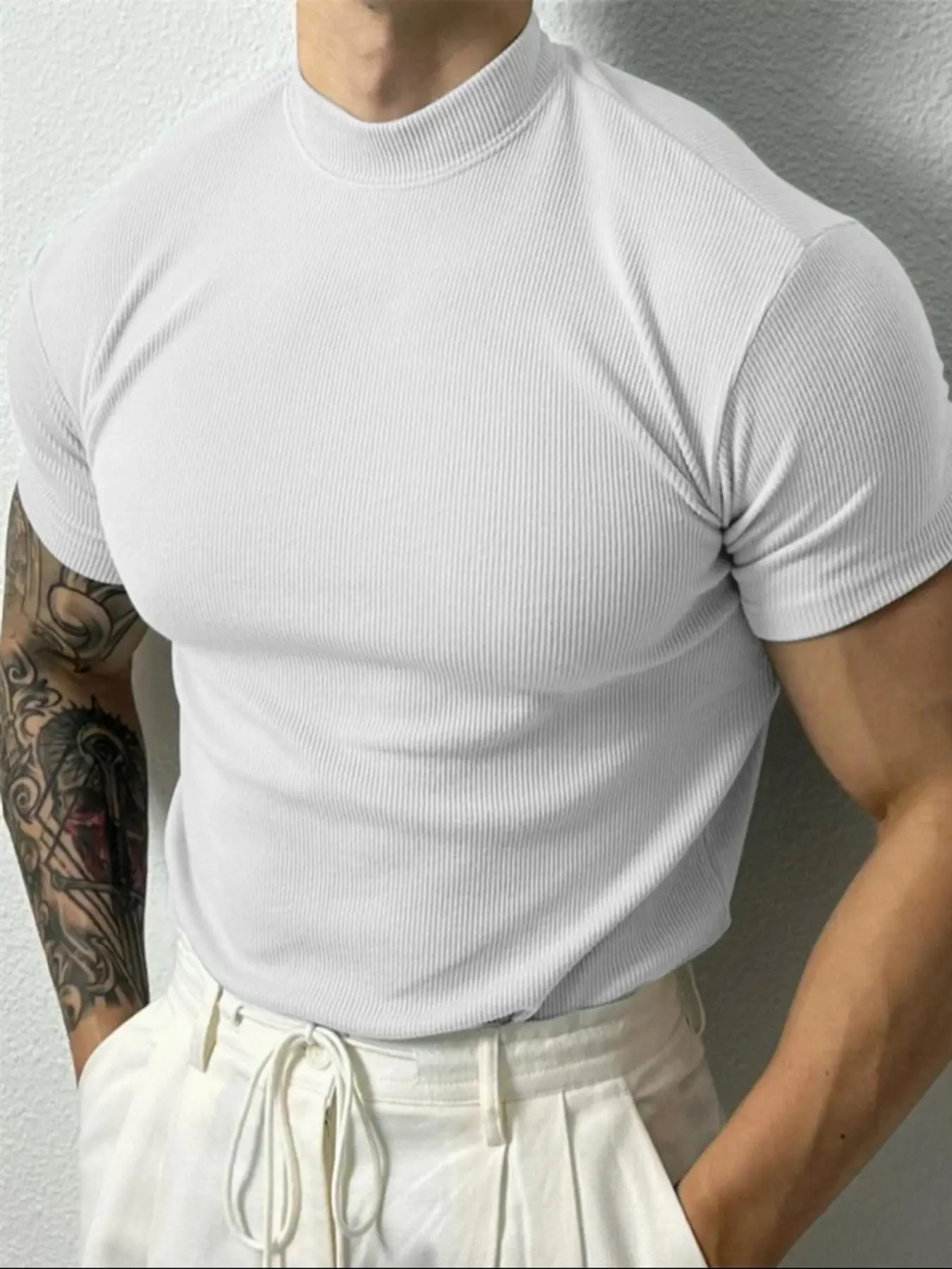 Men's Solid Ribbed Short Sleeve Tee, Casual Comfy Breathable T-shirt for Summer, Men's Top for Daily Wear