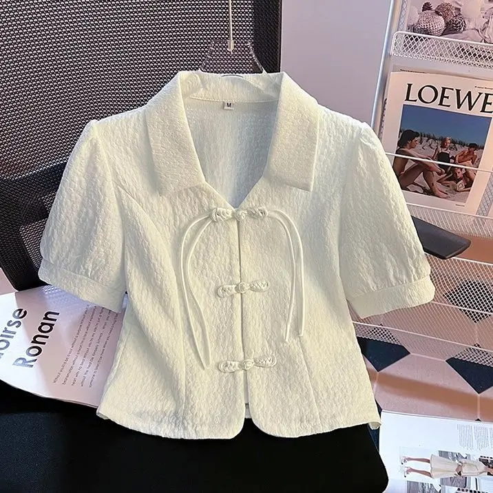 Áo Sơ Mi Co Giãn Mềm Mại, Phong Cách Trung Quốc Mới, Áo Ngắn Nhỏ Cổ Điển Jacquard ngắn Tay Áo, Áo Voan, Thích Hợp Cho Mùa Hè, Áo Sơ Mi Nhỏ Giấu Kín, Dành Cho Nữ, 2024 0