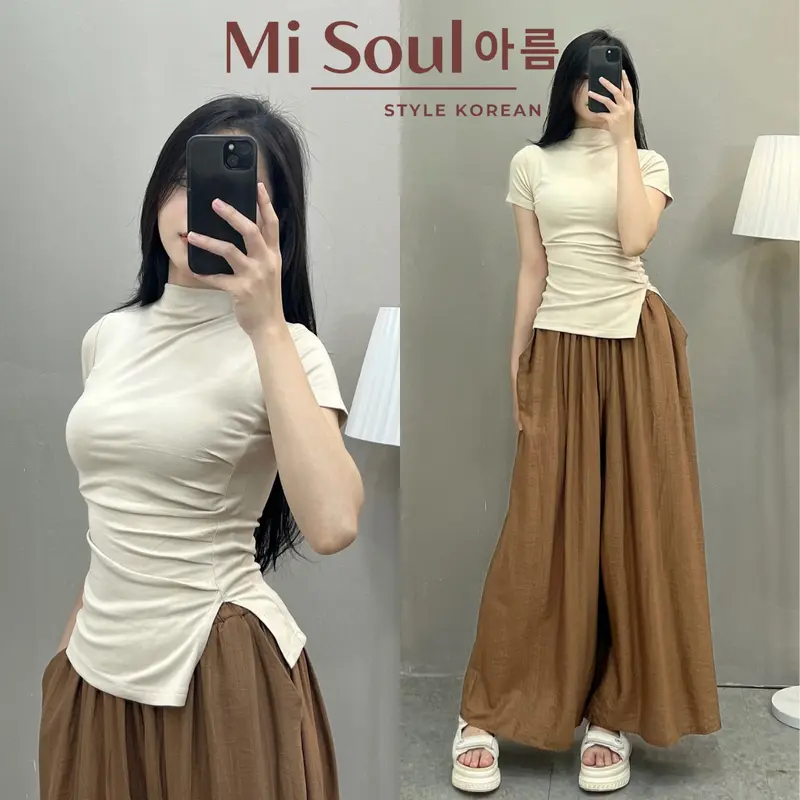Áo Thun Cổ 3 Phân Cộc Tay Nữ Nhúm Sườn Xẻ Tà BigSize MiSoul, Áo Thun Nữ Cộc Tay Xẻ Tà BigSize MiSoul 218 Top Cổ Tròn Women Sơ Mi 5