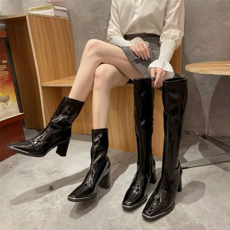 (S220) Bốt đùi nữ HOT  đế 9p tôn dáng (Mã 8815 - BOT Bóng CỔ THẲNG) GiàY Shoes Boot Cổ Cao Jean Nhung boot  nữ 4