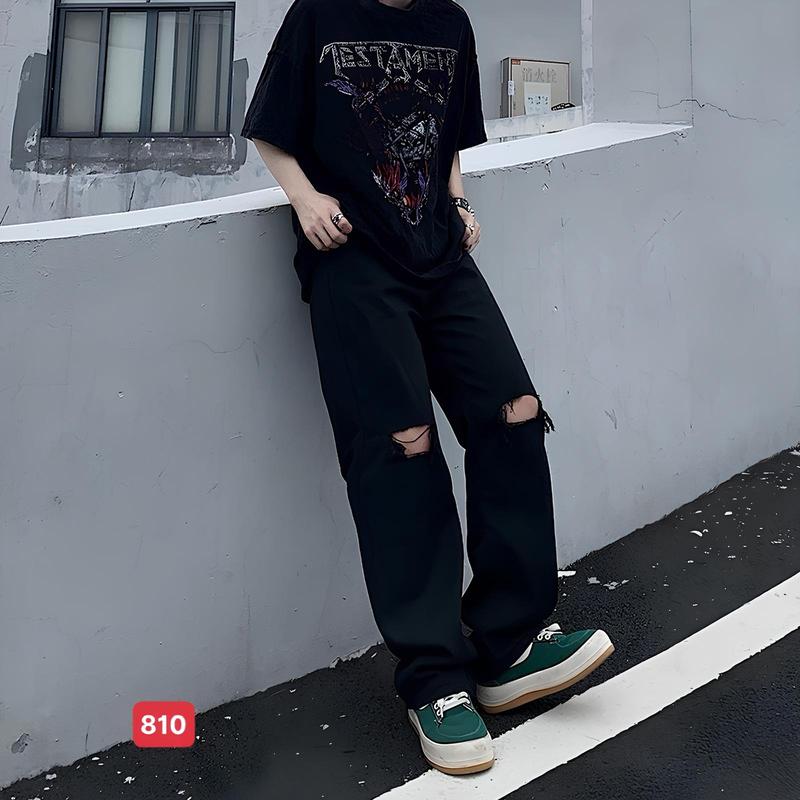 Quần baggy jean nam màu đen rách gối to chất bò co dãn nhẹ form dáng rộng ống suông QB810 kiểu mới Menswear Pants Có Túi