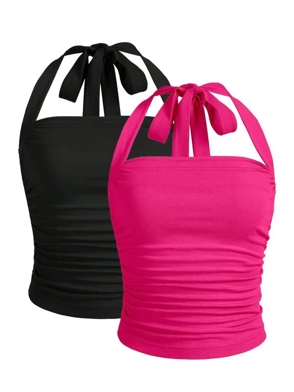 Women's Solid Ruched Halter Neck Backless Crop Top, Summer Clothes, Going Out Top, Holiday Outfits, Casual Elegant Sleeveless Tie Back Top for Summer, Ladies Clothes for Daily Wear 3