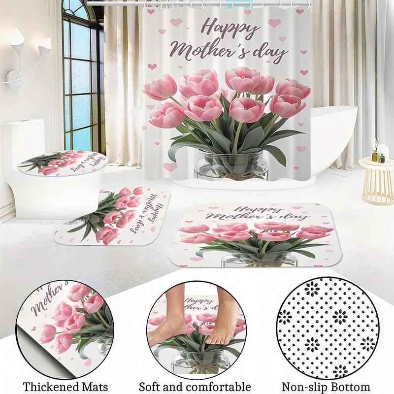Product Introduction of Floral Pattern Bathroom Accessories, 1 Set Including Shower Curtain, U-shaped Mat, Toilet Lid Cover, Bath Mat, Bathroom Decor Supplies 8