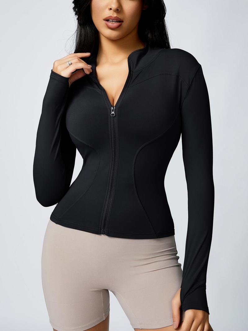 Product Introduction of Women's Thumb Holes Zip-up Long Sleeve Sports Jacket, Solid Color Stand Collar Sports Tops, Modest Fashion Slim Fit Yoga Outerwear Fits Tennis Pickleball, Workwear Gym Gear, Women's Sportswear Workout Autumn Winter Outfit, Back To School Fits 9