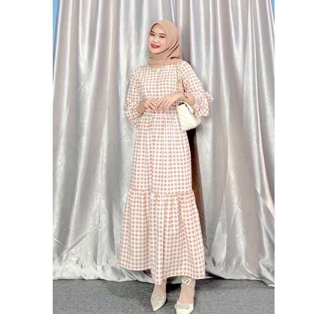 Zaina Dress Gamis Lebaran Kekinian Motif Kotak Kotak Gamis Busui Friendly OOTD Dressah Dress Kotak Kotak Katun Gamis Ied Dewasa Midi Muslim Wanita Mocca 2
