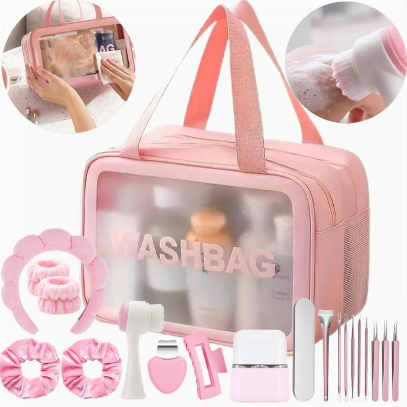 Product Introduction of Makeup Tools Set, 19pcs/set Headband & Wristband & Face Cleaning Brush & Hair Clip & Empty Bottle & Acne Cleansing Tools & Makeup Bag, Multifunctional  Tools Kit 2