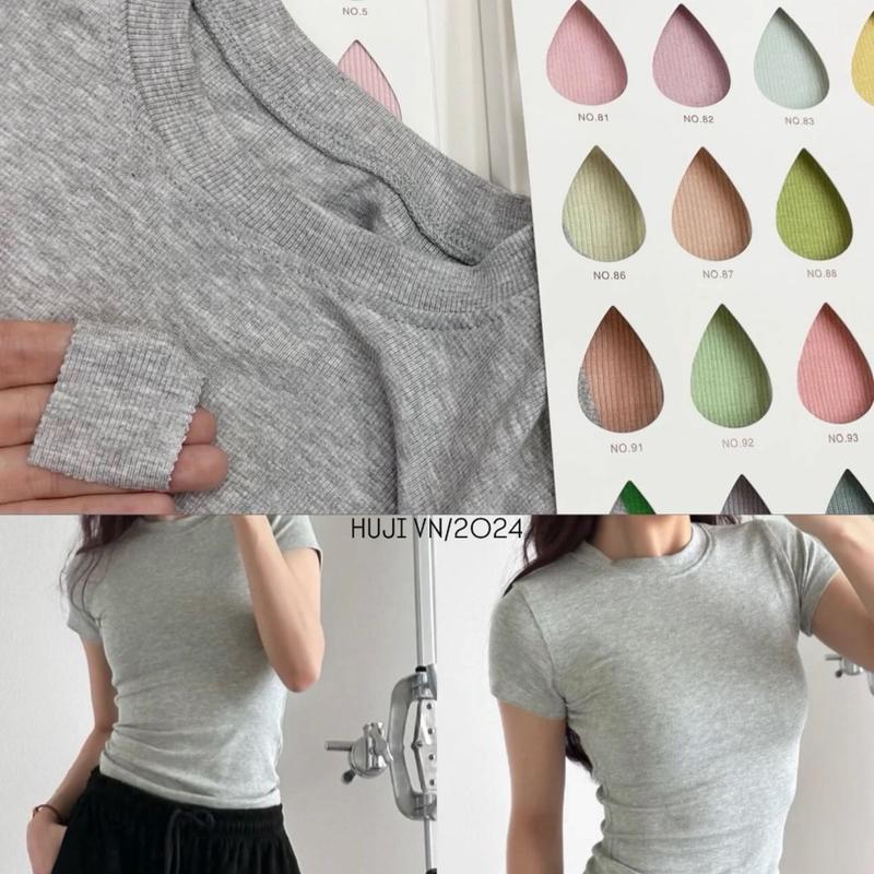 Áo thun tăm cổ tròn BASIC vải gân tăm chiết eo  Áo ôm body nhiều màu xinh aobody 5