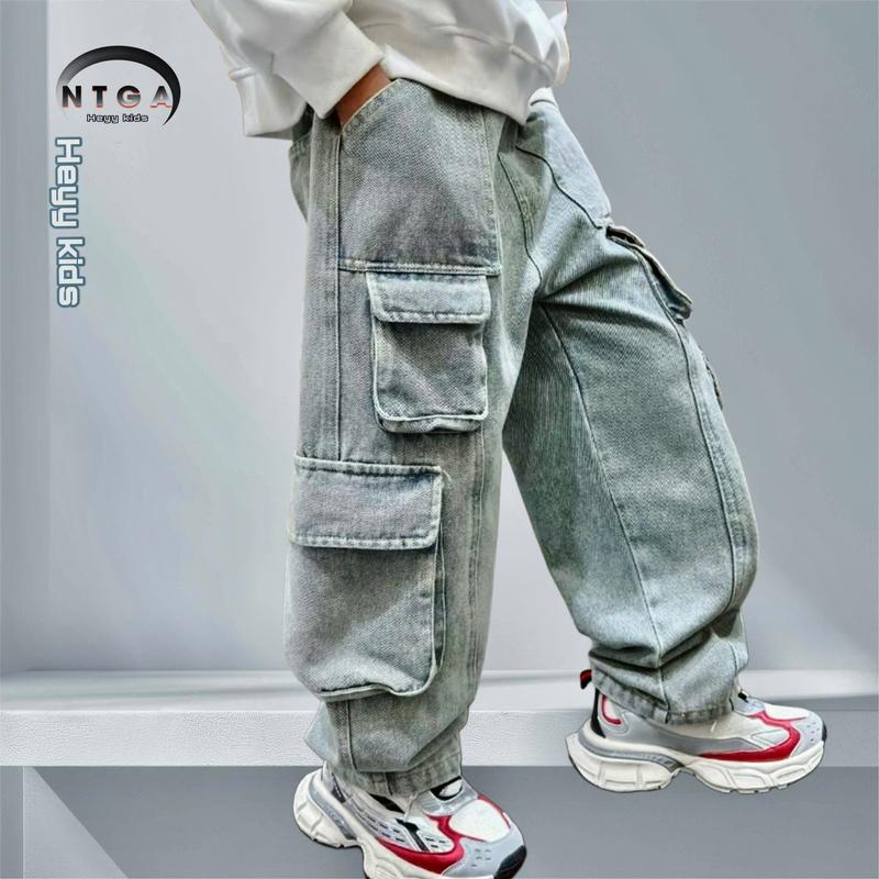 (16-50kg Heyy Kids) Quần jean bé trai nhiều túi hộp, thiết kế dây cá tính (mã 8T-001)