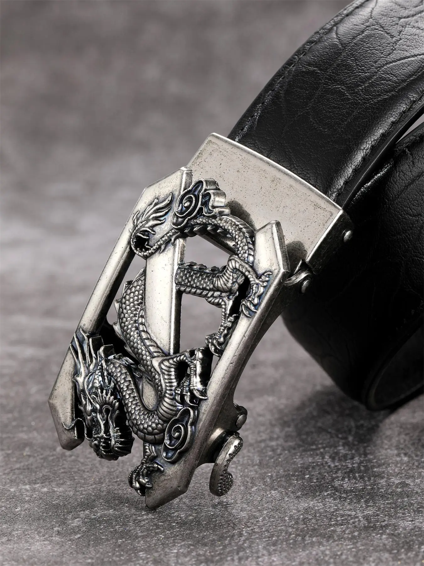 Men's Vintage Solid Color Dragon Detail Pu Buckle Belt, Fashion Zinc Alloy Automatic Buckle Belt for Dress & Jeans, Daily Clothing Decoration