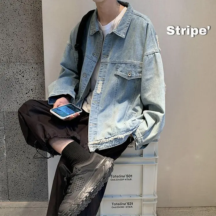 Áo khoác denim nam, phong cách Hàn Quốc, hợp thời trang, mùa xuân và mùa thu, Thương Hiệu Thời Trang , áo khoác Pu rộng rãi, đẹp trai, Hip Hop, quần áo hàng đầu tuyệt vời Ins Menswear Jacket Có Cổ