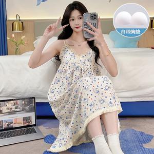 Baju Tidur Tanpa Lengan, untuk Wanita, Pakaian Musim Panas, Diperbuat daripada Kapas Awan Tenunan, dengan Bra Terbina dalam, Gaun Panjang, Sesuai untuk Pakaian Rumah Manis, Sesuai untuk Malam Santai dan Santai Selesa