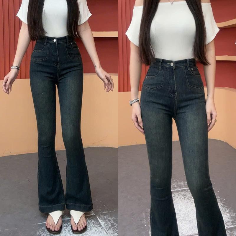 [ ZINLY SHOP ] Quần Jean Nữ Ống Loe Dáng Ngắn Và Dài Cạp Cao Túi Kiểu Màu Đậm Q354