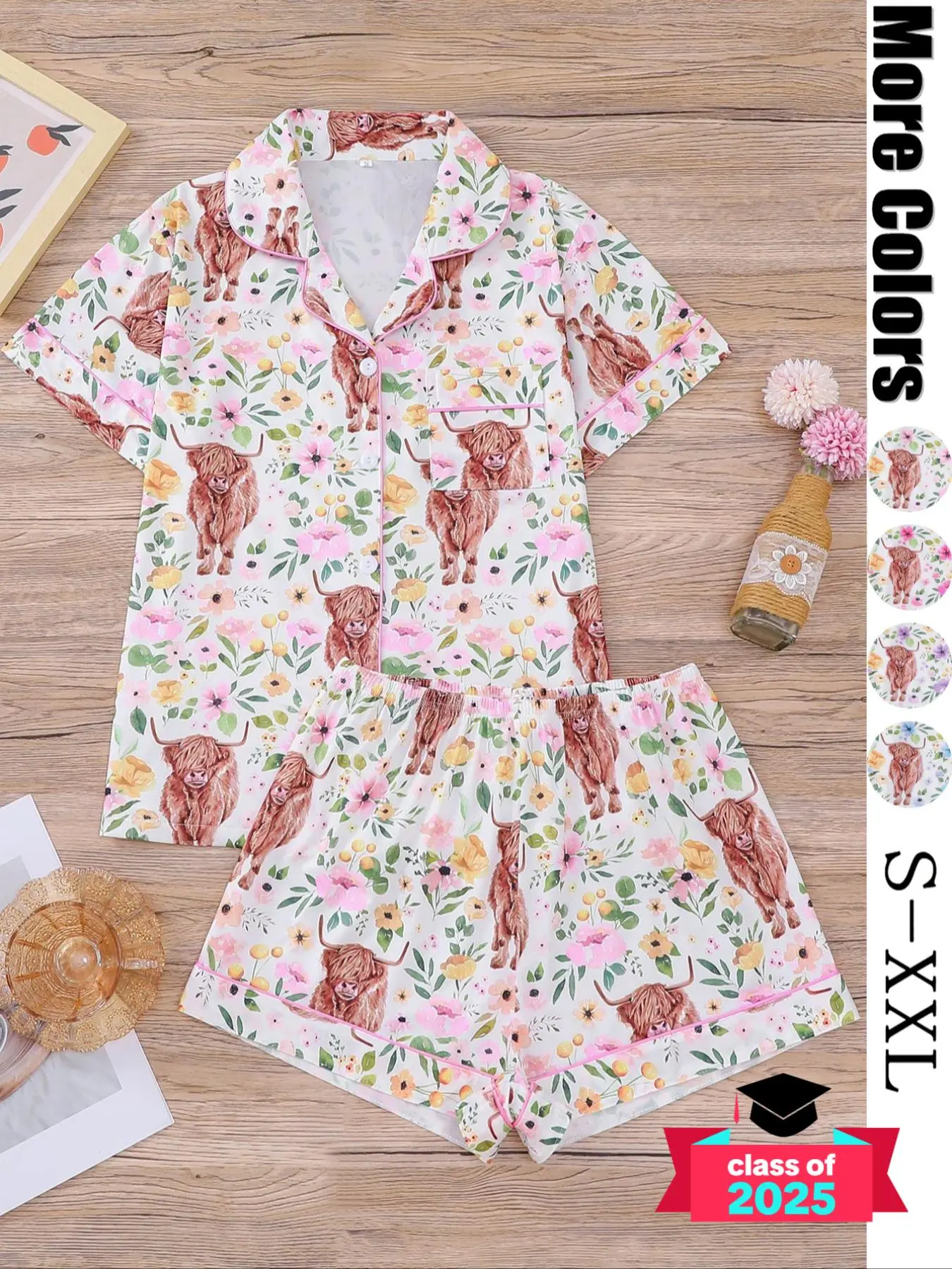 Women's All Over Cow Print Top & Elastic Waist Shorts Pyjama Two-piece Set, Casual Comfy Short Sleeve Top & Shorts Pj Set, Ladies Sleepwear for All Seasons, Pajamas, Sleep Sets, Loungewear