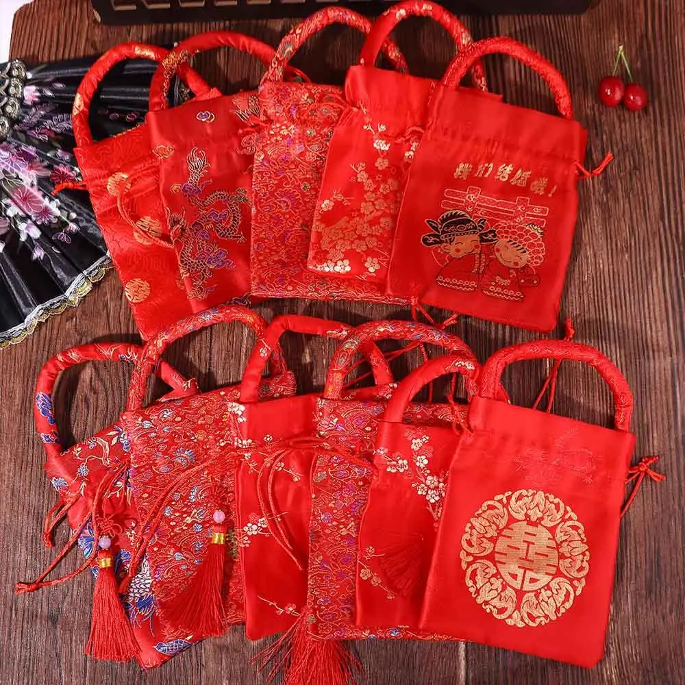 Portable Red Bride and Groom Brocade Chinese Knot Party Supplies Package Bag Candy Bag Wedding-favor Gift Handle Bag
