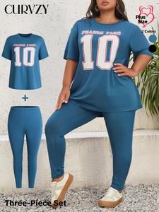 CURVZY Plus Size Figure Letter Print Drop Shoulder Tee & Skinny Pants Two-Piece Set, Casual Short Sleeve Round Neck T-shirt & Trousers for Daily Wear, Valentine's Day Outfit