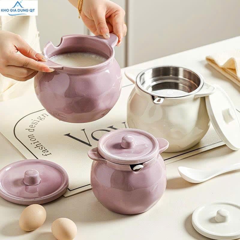   Set 2  Hũ Gốm Đựng Mỡ Lợn 700~1400ml Âu Sành Sứ Đựng Gia Vị Kèm Lọc Inox+Thìa Sứ  MAT08010GDQT  