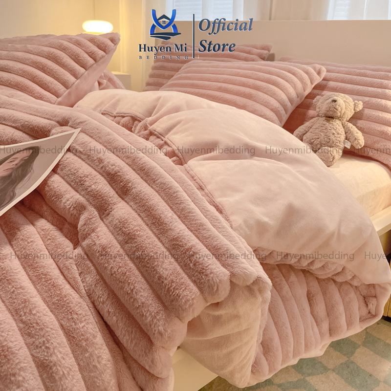 Bộ Chăn Ga Gối Nỉ Nhung Kẻ Sọc 4 Món Huyền Mi Bedding, Dệt Phẳng, Đa Dạng Kích Thước ( 1 ga , 2 vỏ gối , 1 vỏ chăn dày lồng được ruột)