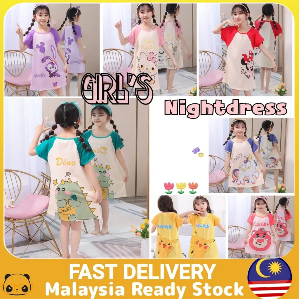 Baju Tidur Budak Perempuan Girl Nightdress Princess Cartoon Kids Children Short Sleeves Pyjamas Sleepwear Dress