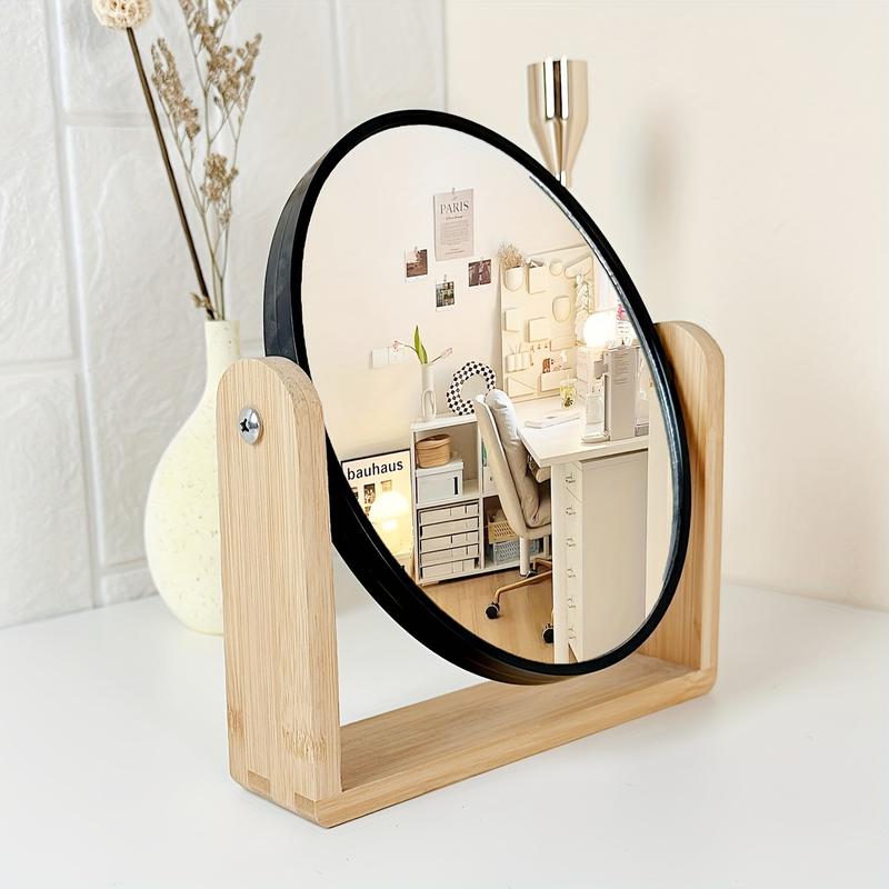[Elegant Makeup Mirror] 1pc Elegant Wooden Frame Double-Sided Makeup Mirror |   Rotating, Simple Desk Stand Design, with Magnification - Ideal for Home Vanity Use, Makeup Vanity Desk 2
