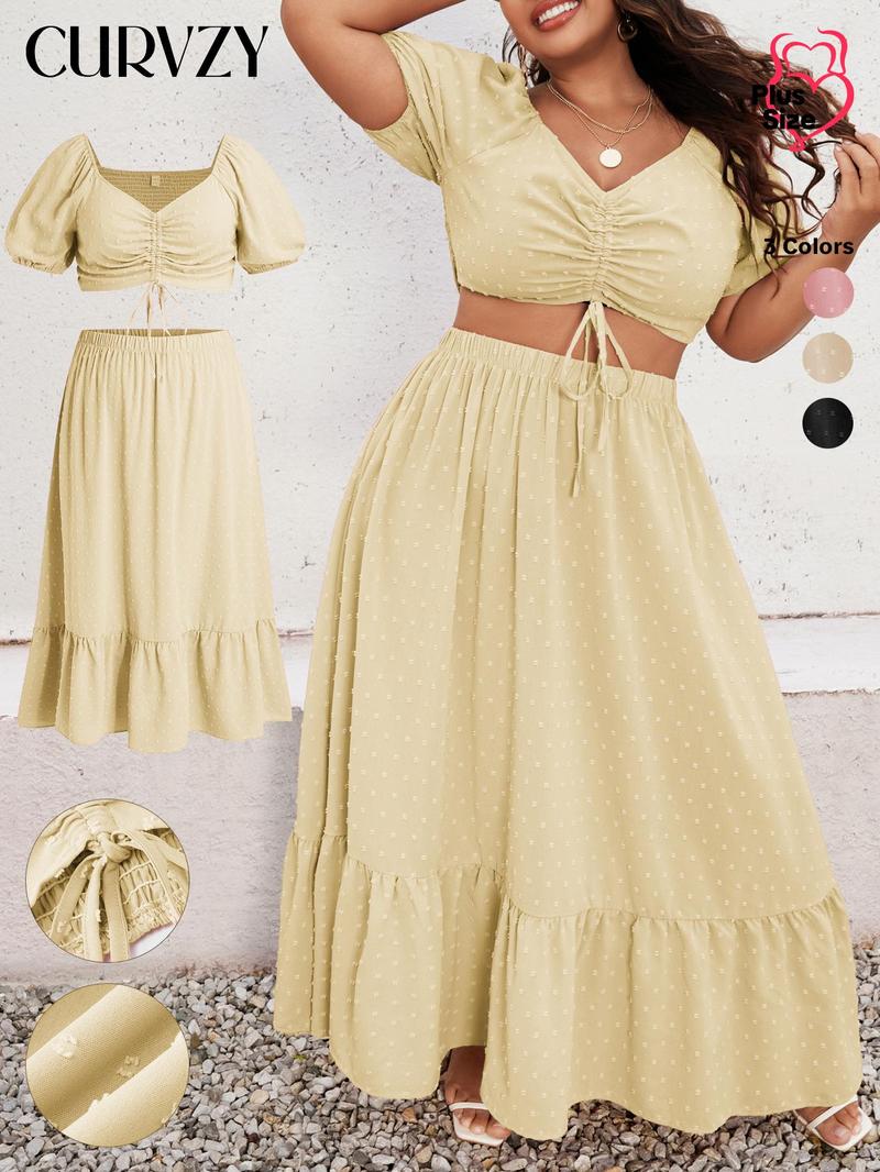 Product Introduction of CURVZY Plus Size Ruched Shirred Puff Sleeve Blouse & Ruffle Hem Skirt Set, Boho Swiss Dot Drawstring Sweetheart Neck Top & Long Skirt For Beach, Co Ords for Women, Women's Two-Piece Outfits For Summer & Autumn 10