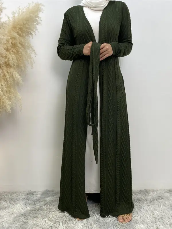 Women's Solid Long Sleeve Belted Abaya Without Hijab, Elegant Pocket Long Sleeve Open Front Outerwear, Fashion Muslim Clothing For Fall & Winter, Abaya Coat 4