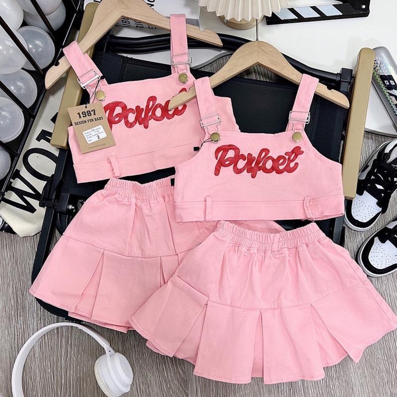 SET VÁY KAKI ÁO HAI DÂY + CHÂN VÁY XOÈ XẾP LY XINH ĐẸP CHO BÉ GÁI 8-28kg