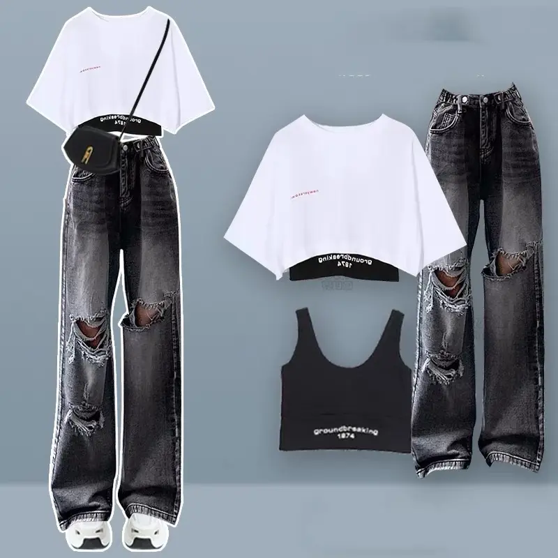 Set Baggy xám đai nút rách nhiều+ set 2 món áo croptop in 1974