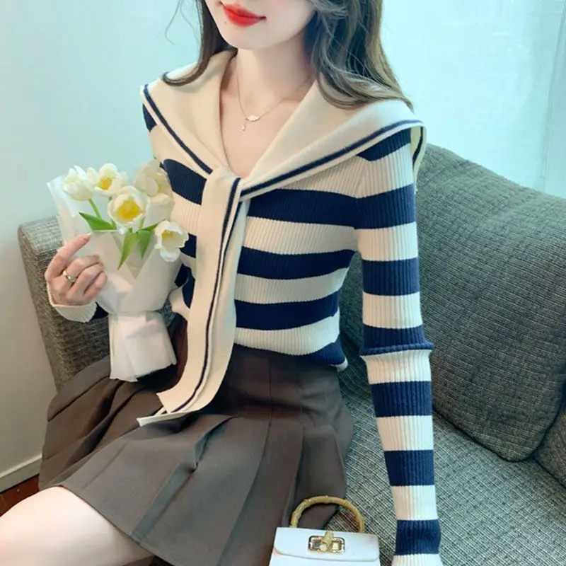 Sọc Cho Nữ, Cổ  Hải Quân, Phong Cách Preppy Mới, Dệt Kim, Thích Hợp Cho Mùa , Dễ Phối Đồ có thể giặt máy  phụ  nữ Top Women đốm trắng đường thêu hàng dệt kim  kẻ ngang đen   real madrid sweater  trễ   tay Dài Tay    nữ quảng châu    love  back áo Tre 4
