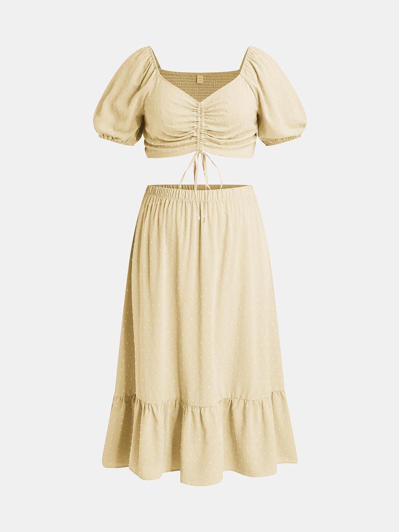 Product Introduction of CURVZY Plus Size Ruched Shirred Puff Sleeve Blouse & Ruffle Hem Skirt Set, Boho Swiss Dot Drawstring Sweetheart Neck Top & Long Skirt For Beach, Co Ords for Women, Women's Two-Piece Outfits For Summer & Autumn 12