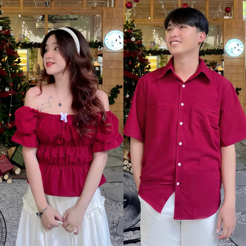Cặp Áo Đôi Nam Nữ Cùng Người Yêu Áo Sơ Mi Và Áo Trễ Vai Kết Hợp Váy Nhún Nơ 4 Tầng Chất Vải Đũi Mát Đi Du Lịch Hanestore Women Nhung