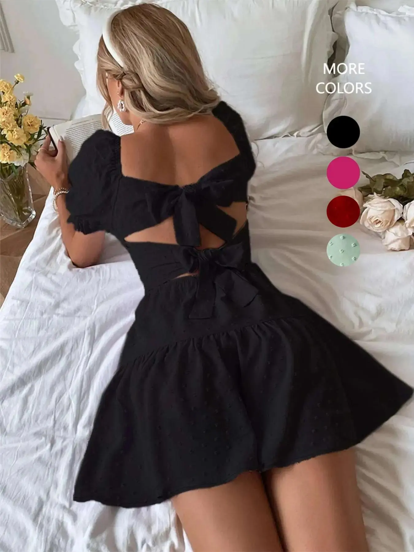 Women's Plain Swiss Dot Tie Back Dress, Milkmaid Dress, Dresses for Women, Dress for Summer, Cute Puff Sleeve Ruffle Hem A Line Dress for Party Holiday Wedding Guest, Ladies Dresses, Ladies Clothes The Original Black Tie Dress, Birthday Dresses 2024