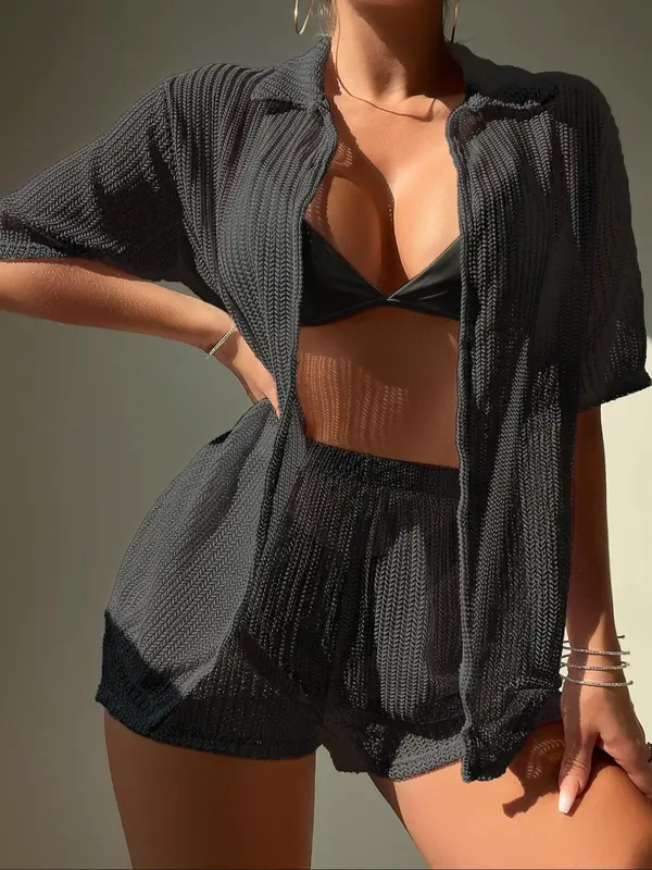 Women's Solid Color Open Front Cover Up & Shorts Set, Casual Fashion Swimwear Set for Beach Holiday Vacation, Ladies Swimsuit for All Seasons, Beach Cover Ups, Swimming 0