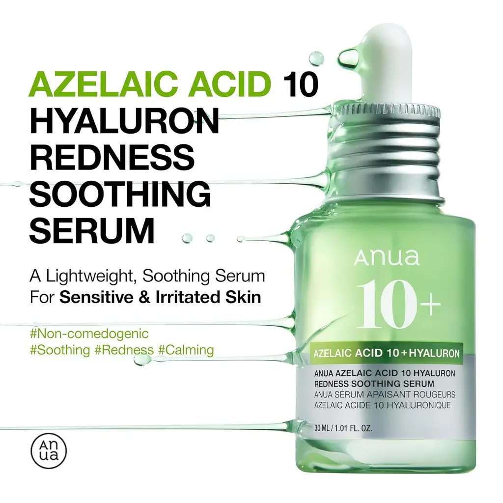 ANUA Korean Redness Relief Serum |   10% Azelaic Acid + 72H Hydration |   Hypoallergenic & Vegan for Sensitive Skin 30ml