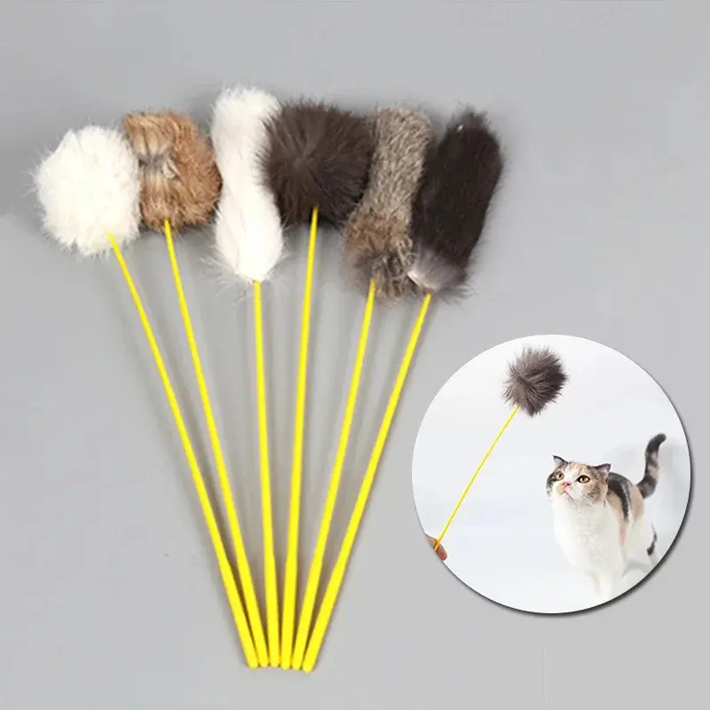 Funny Tease Cat Stick Faux Rabbit Fur Pompom Plush Pet Interactive Stick Cat Playing Training Toys for Kitten Pet Accessories