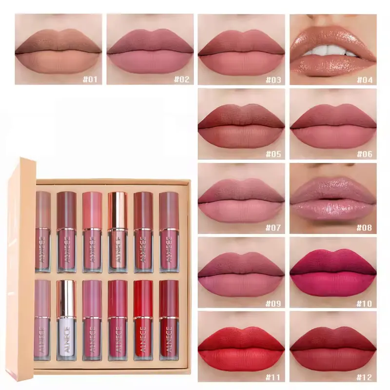 12 Buku Warna Lip Gloss Set Matte Pearlescent Non-Stick Lip Glaze Bibir Lipstick Lipstik Wanita 0