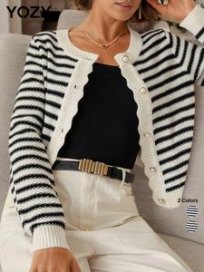 YOZY Striped Print Cardigan, Casual Chic Long Sleeve Round Neck Button Front Knitwear, Women's Knit Clothing Daily Wear for Fall & Winter, Fall & Winter Clothes