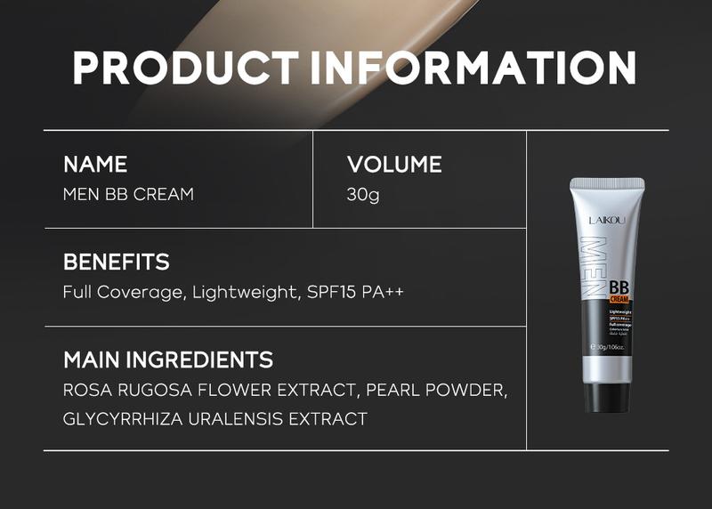 Product Introduction of BB Cream for Men Face Makeup Concealer Foundation Sunscreen Repair Liquid Foundation for Oil Control Brighten Skin Tone 30g Lightweight Waterproof Compact Set Smooth Comfort 6