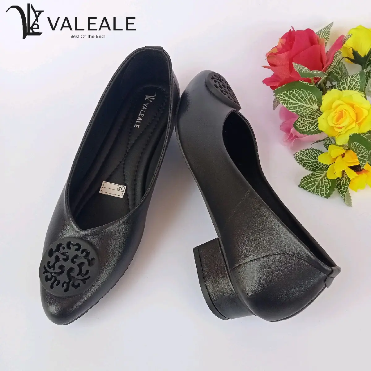 Sepatu Kerja Wanita Hak 3 cm Sepatu Kerja Hitam ALINA VALEALE (Accesories berbentuk bundar motif Acak) Sepatu Pantofel Paskibra Cewek Ukuran 37-41 Heels Perempuan Shoes