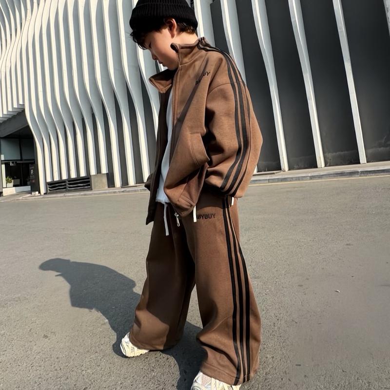 Bộ quần áo nỉ đỏ và nâu 3 xọc đen Babybuy lót lụa mỏng cho bé trai và bé gái, quần có thế bo gấu bên trong có dây giút ạ mặc mùa xuân thu đẹp .