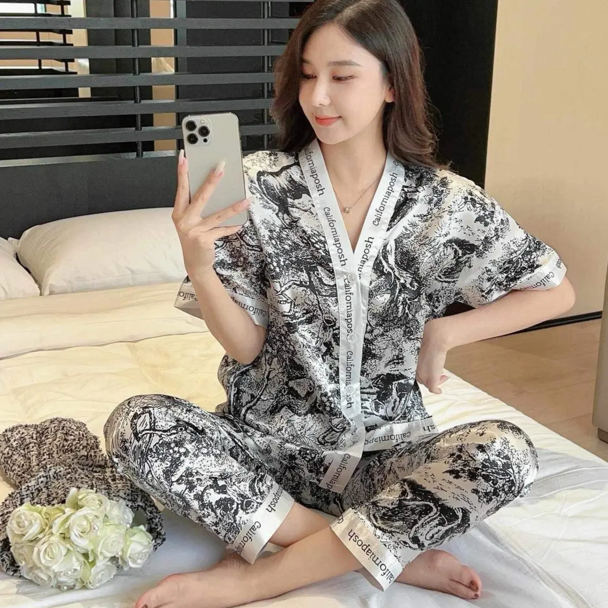 Vneck Pajama Silk Sleepwear Set ( Asian Size) Loungewear Pajama Set Womenswear Korean metoo
