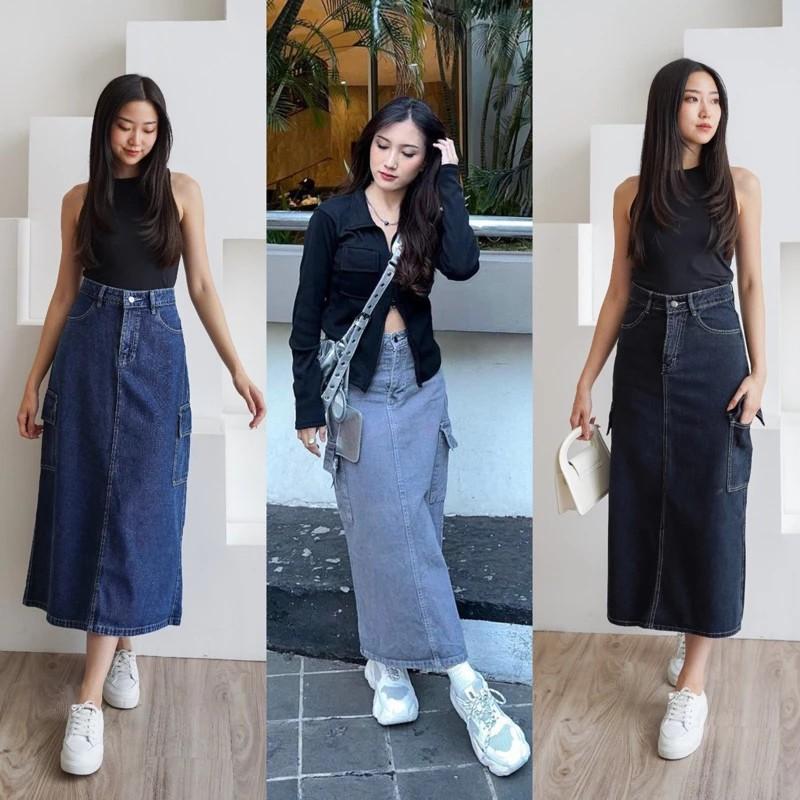 Product Introduction of ROK KARGO JEANS Panjang Denim Karet Tebal Wanita Standar Katun A-Line Samping Melar Hitam Maxi Biru rok cargo tanpa belahan rok jeans span rok midi jumbo 2
