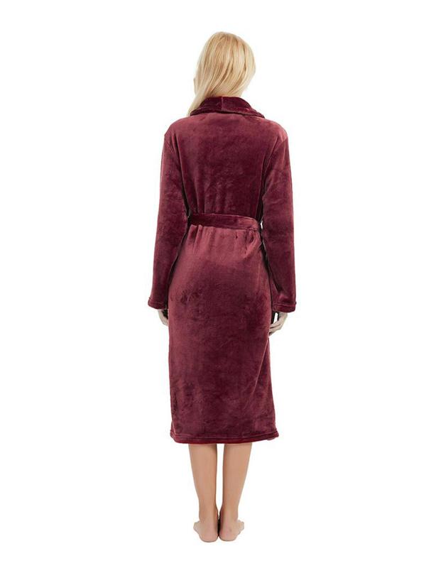 Women's Pocket Belted Shawl Collar Flannel Robe, Casual Long Sleeve Bathrobe Housecoat Dressing, Comfort PJ For Lady, Cold Weather Gear 5