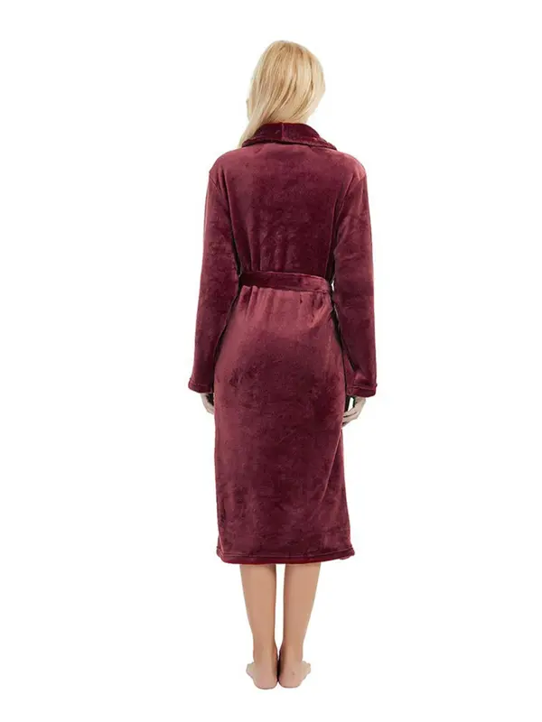 Women's Pocket Belted Shawl Collar Flannel Robe, Casual Long Sleeve Bathrobe Housecoat Dressing, Comfort PJ For Lady, Cold Weather Gear 5