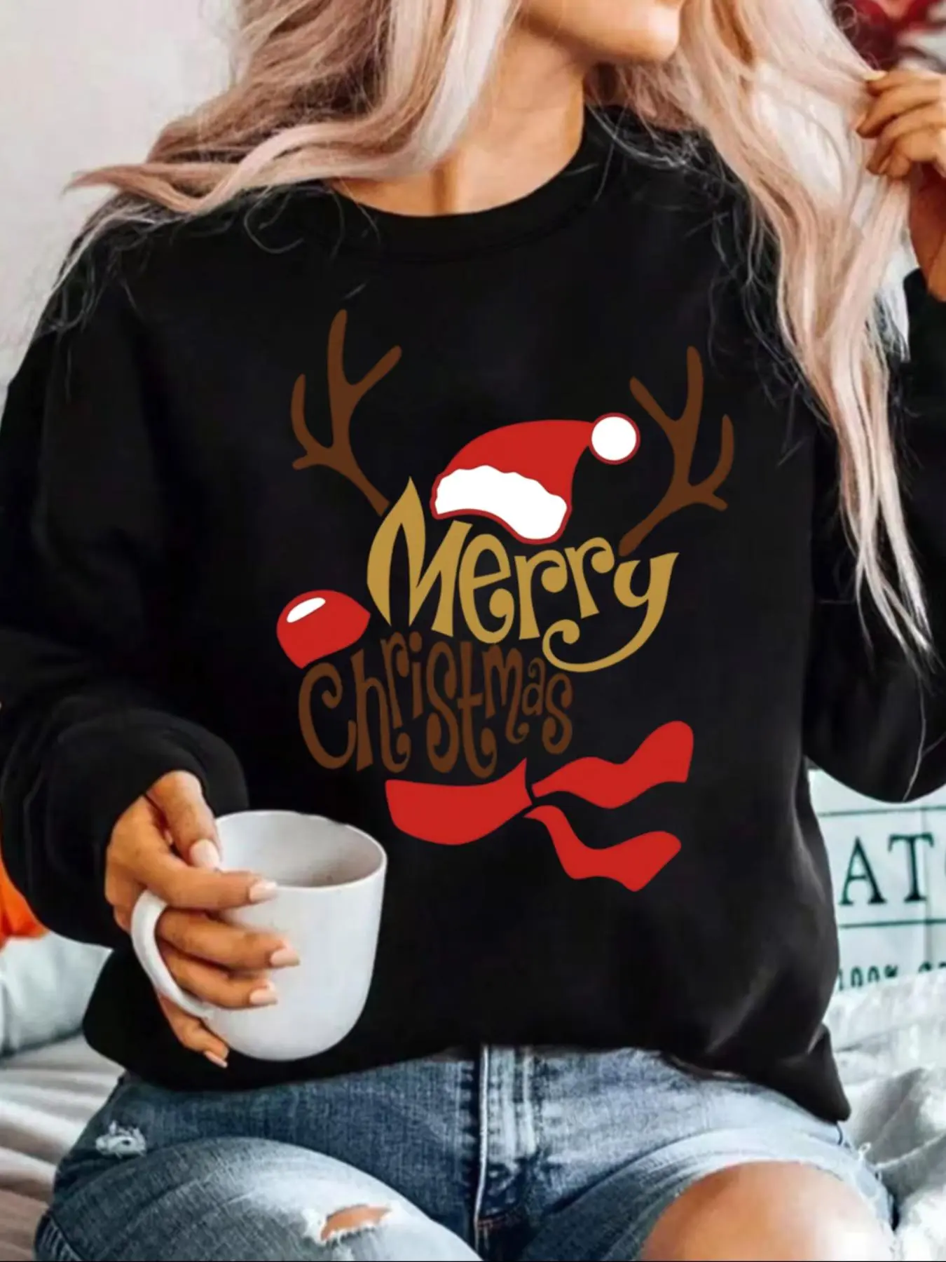 【Plus Size】 Letter & Christmas Print Crew Neck Sweatshirt, Casual Long Sleeve Pullover for Daily Wear, Women's Clothing for Fall & Winter