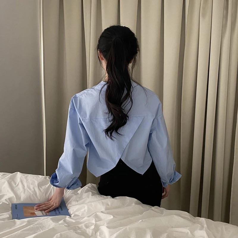 Product Introduction of Fashion Short Shirts Women Korean Chic Loose Solid Color Long Sleeve Crop Tops Female Casual Elegant Button Split Turn Down Collar Blouse 4